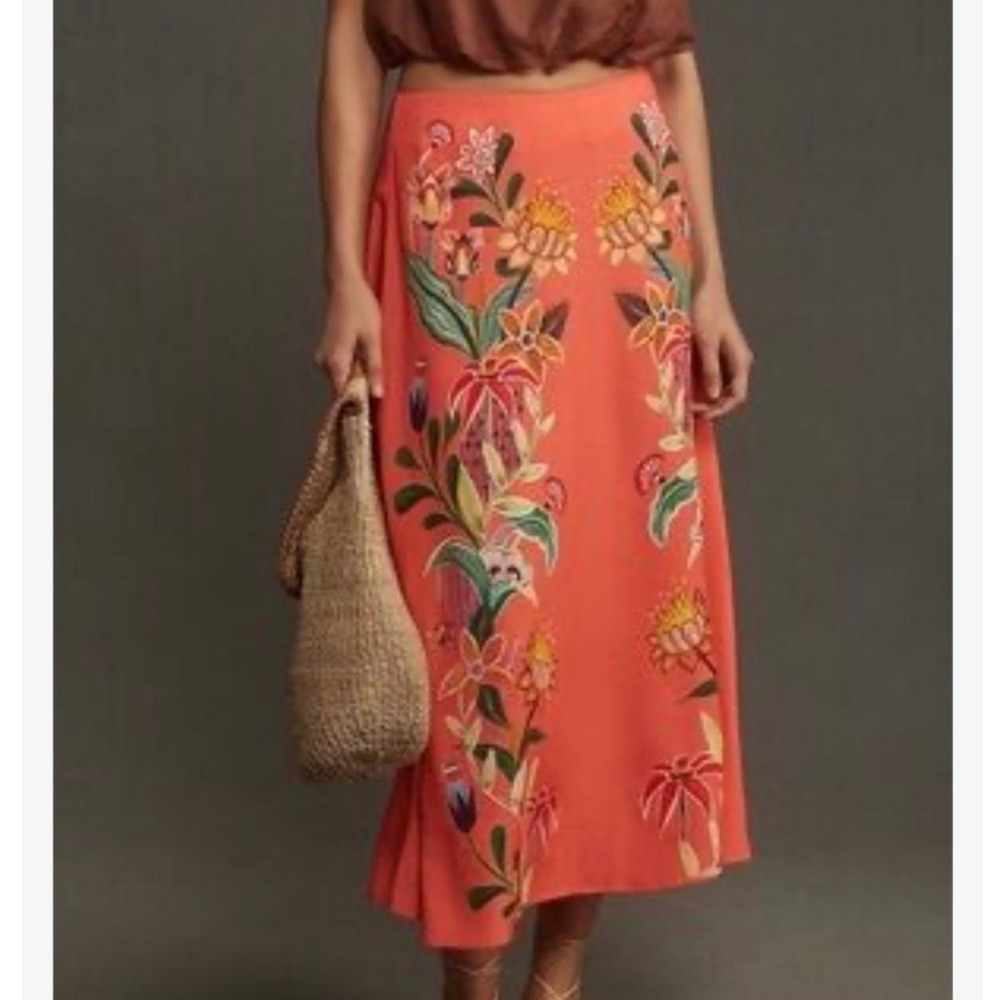 Farm Rio for Anthropologie Coral Pink Floral Viscose Tropical Midi Skirt Medium